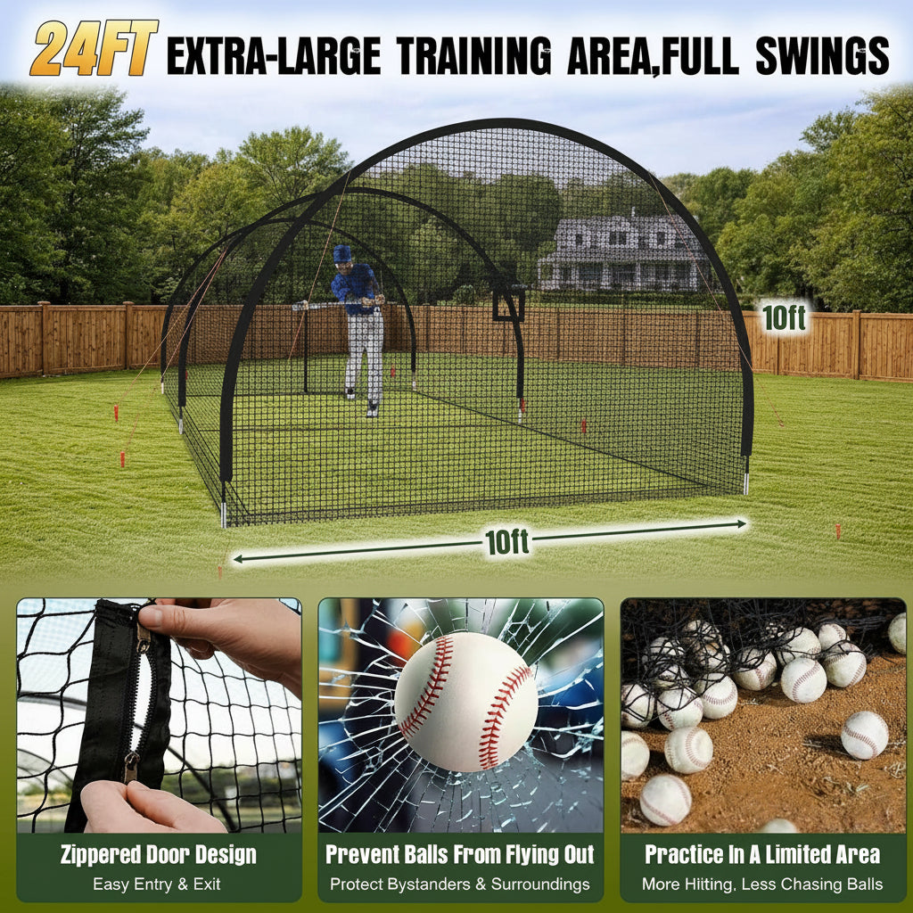 Baseball Batting Cages 24/30/45/55Ft Cage | Reinforced Netting Portable Batting Cage for Backyard & Outdoor Lawn Training