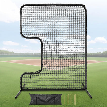 Standard C Shaped Pitching Screen Softball Baseball Screen Softball Pitcher Pitching Machine Protector with Carry Bag, 7'H X 5'W 45 Ply Netting with 3'' X 18'' Cutout 1.5'' Diameter Frame