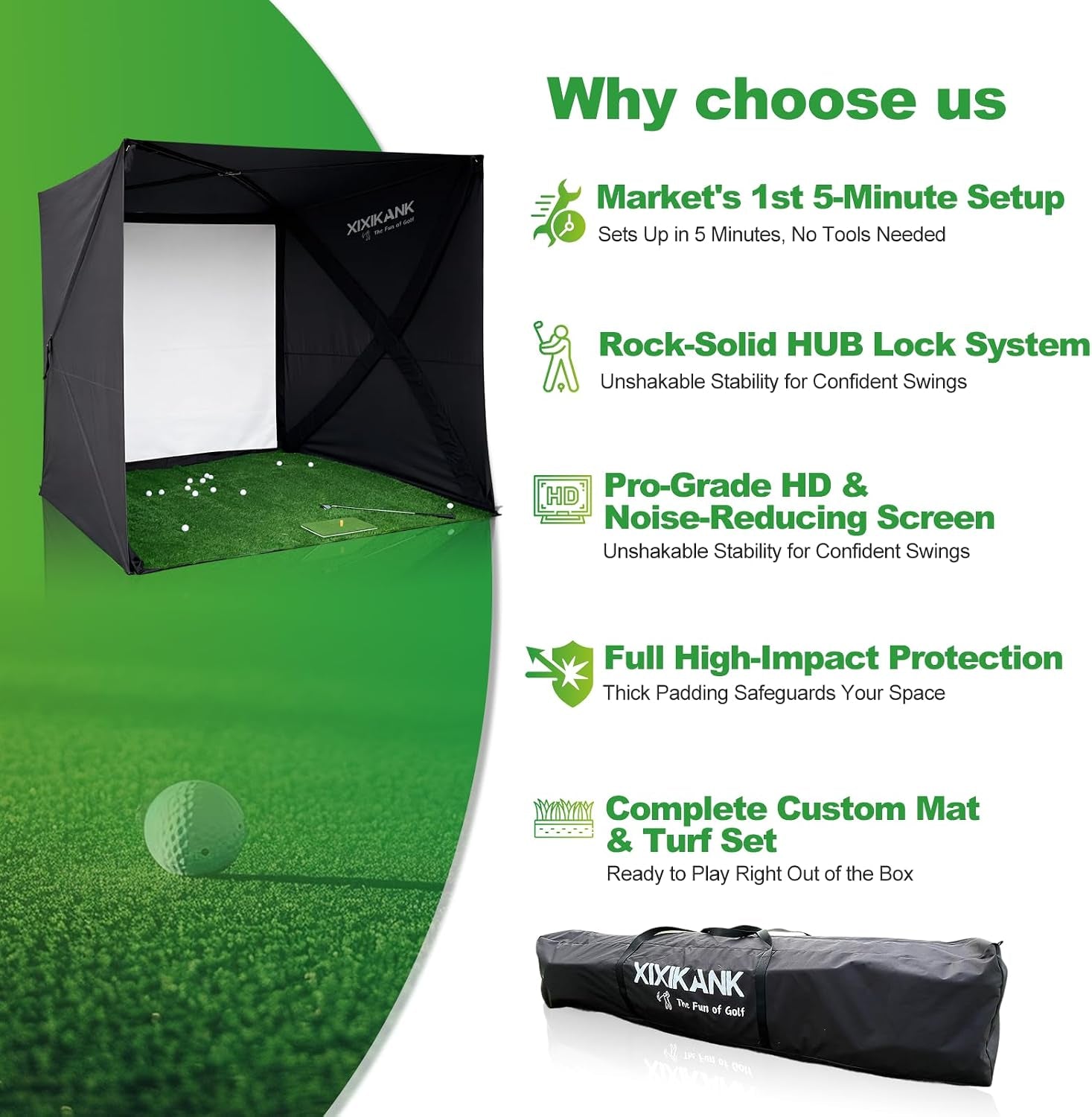 Golf Simulator Enclosure for Home Instant Quick and Easy Tool-Free Setup in 5 Mins Golf Hittig Cage - Complete Set with Heavy Duty Frame,Hd Impact Screen and Putting Green Turf (8X8 Ft)
