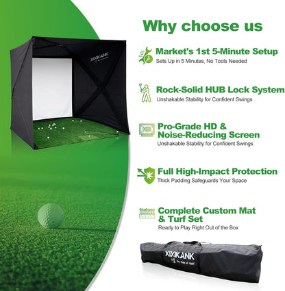 Golf Simulator Enclosure for Home Instant Quick and Easy Tool-Free Setup in 5 Mins Golf Hittig Cage - Complete Set with Heavy Duty Frame,Hd Impact Screen and Putting Green Turf (8X8 Ft)