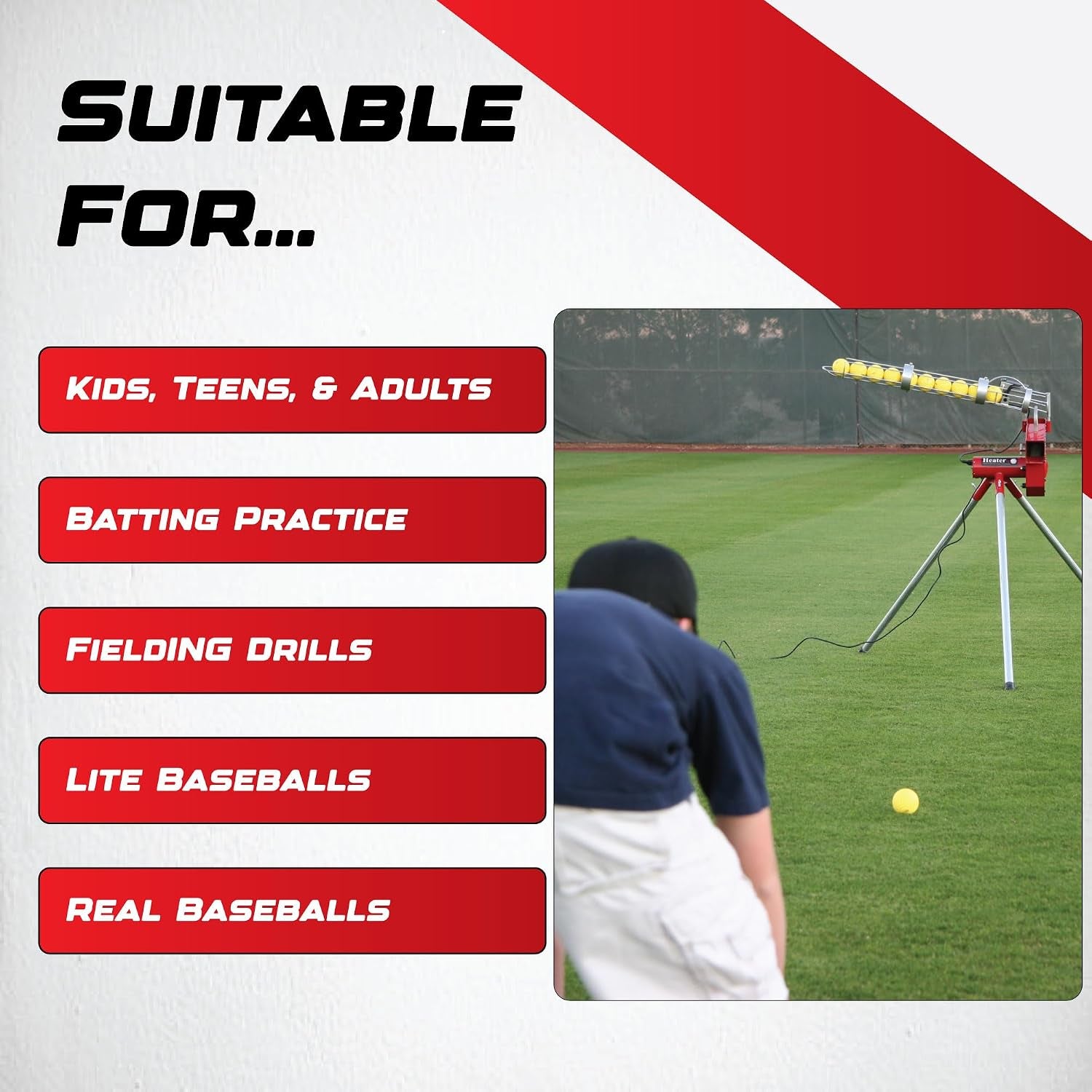 Sports Heavy-Duty Baseball Pitching Machine W/Bonus Ball Feeder - Accurate & Adjustable Pitching Machine for Kids, Teens, and Adults | Ideal for Baseball Training and Practice Sessions