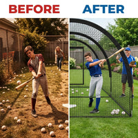 32 X 12 X 8 Ft Baseball Batting Cage, Large Baseball Training Equipment for Backyard, Portable Softball Netting Cages with Frame, Pitching Machine Hole & Detachable Door –For Hitting Pitching Practice — Before & After