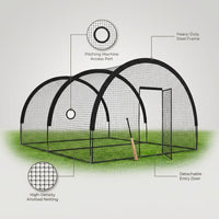 32 X 12 X 8 Ft Baseball Batting Cage, Large Baseball Training Equipment for Backyard, Portable Softball Netting Cages with Frame, Pitching Machine Hole & Detachable Door –For Hitting Pitching Practice — infographic
