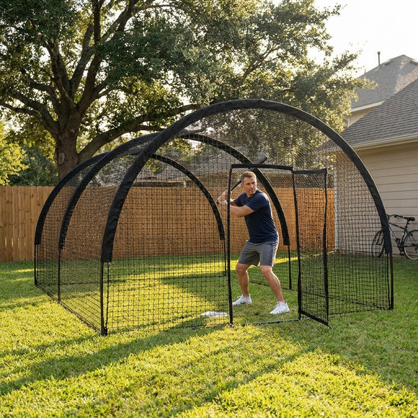Baseball Batting Cage Built for Backyard Training, 32x12x8 Ft Frame, Pitching Machine Compatible, Detachable Door