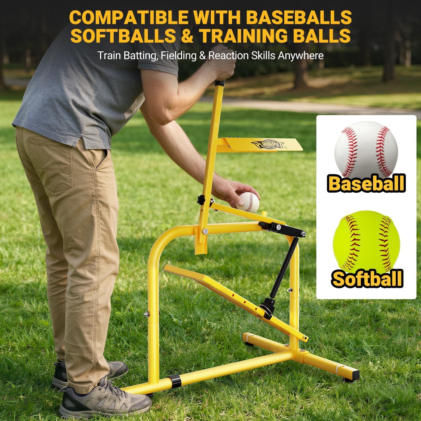 Manual Baseball Pitching Machine,No Electricity Needed, 4 Speed Setting | Adjustable 11 Angles Softball Pitching Machine Throwing Strikes,Fly Balls & Grounders for Fielding,Batting,Catching Practice