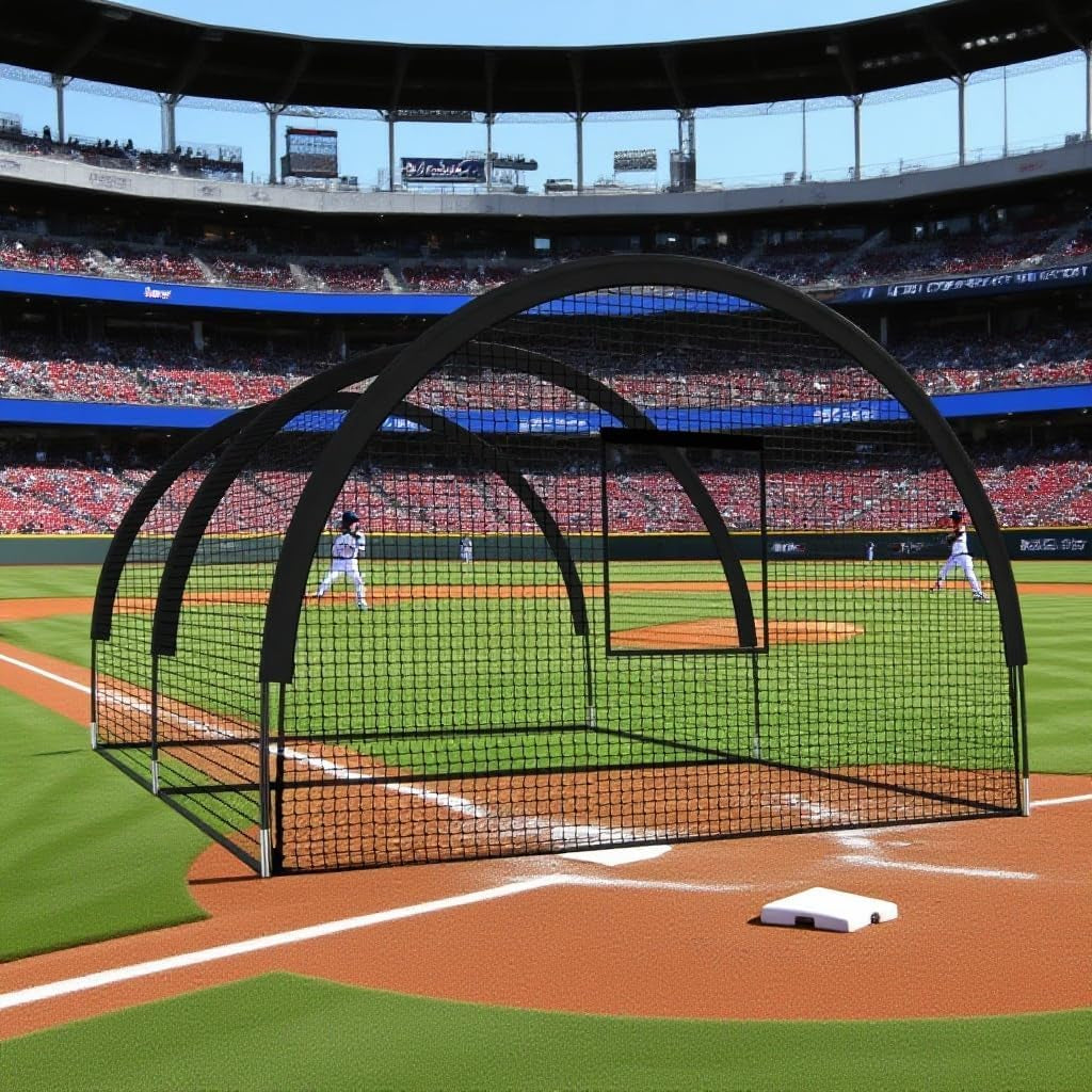 32 X 12 X 8 Ft Baseball Batting Cage, Large Baseball Training Equipment for Backyard, Portable Softball Netting Cages with Frame, Pitching Machine Hole & Detachable Door –For Hitting Pitching Practice
