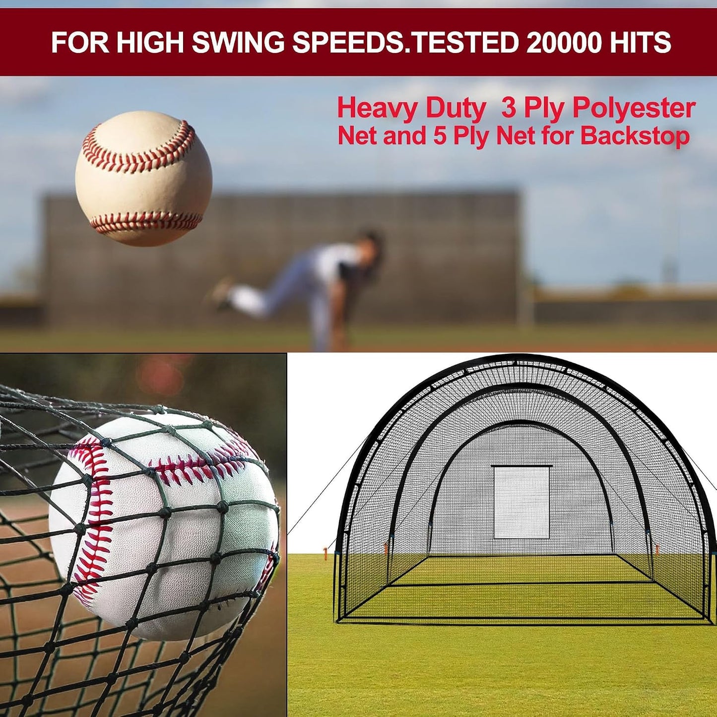 32 X 12 X 8 Ft Baseball Batting Cage, Large Baseball Training Equipment for Backyard, Portable Softball Netting Cages with Frame, Pitching Machine Hole & Detachable Door –For Hitting Pitching Practice