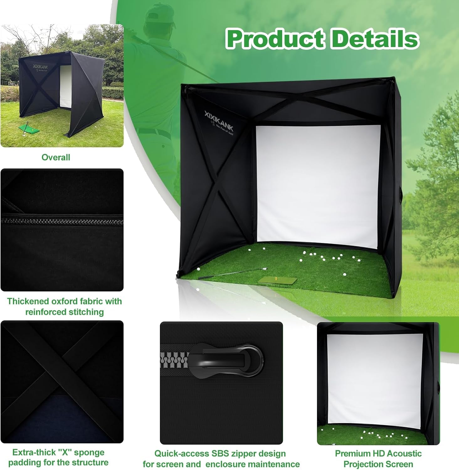 Golf Simulator Enclosure for Home Instant Quick and Easy Tool-Free Setup in 5 Mins Golf Hittig Cage - Complete Set with Heavy Duty Frame,Hd Impact Screen and Putting Green Turf (8X8 Ft)