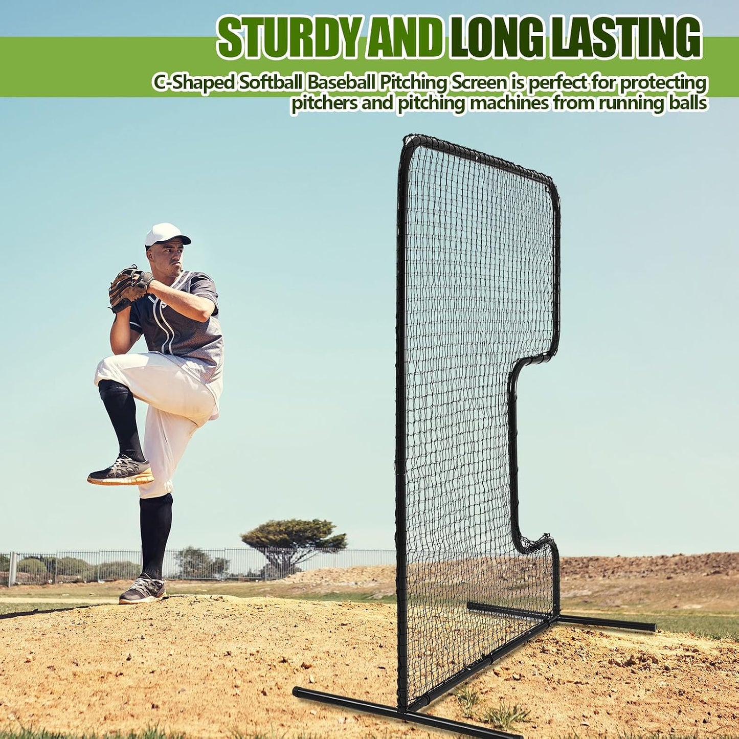 Standard C Shaped Pitching Screen Softball Baseball Screen Softball Pitcher Pitching Machine Protector with Carry Bag, 7'H X 5'W 45 Ply Netting with 3'' X 18'' Cutout 1.5'' Diameter Frame