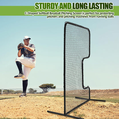Standard C Shaped Pitching Screen Softball Baseball Screen Softball Pitcher Pitching Machine Protector with Carry Bag, 7'H X 5'W 45 Ply Netting with 3'' X 18'' Cutout 1.5'' Diameter Frame