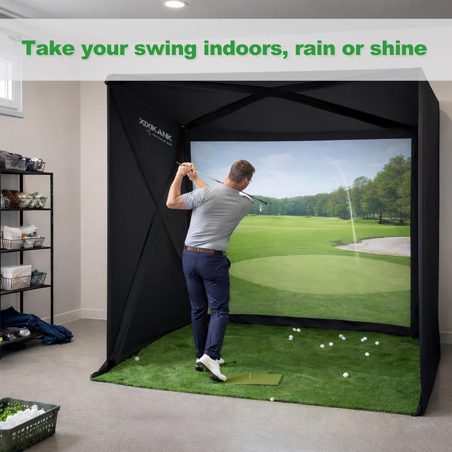 Golf Simulator Enclosure for Home Instant Quick and Easy Tool-Free Setup in 5 Mins Golf Hittig Cage - Complete Set with Heavy Duty Frame,Hd Impact Screen and Putting Green Turf (8X8 Ft)
