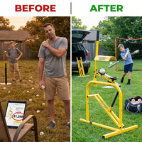 Manual Baseball Pitching Machine,No Electricity Needed, 4 Speed Setting | Adjustable 11 Angles Softball Pitching Machine Throwing Strikes,Fly Balls & Grounders for Fielding,Batting,Catching Practice — Before & After