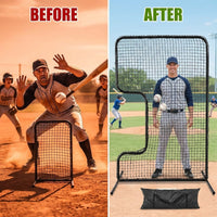 Standard C Shaped Pitching Screen Softball Baseball Screen Softball Pitcher Pitching Machine Protector with Carry Bag, 7'H X 5'W 45 Ply Netting with 3'' X 18'' Cutout 1.5'' Diameter Frame — Before & After