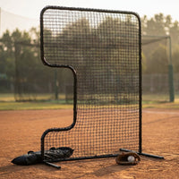 Standard C Shaped Pitching Screen Softball Baseball Screen Softball Pitcher Pitching Machine Protector with Carry Bag, 7'H X 5'W 45 Ply Netting with 3'' X 18'' Cutout 1.5'' Diameter Frame — Studio Shot