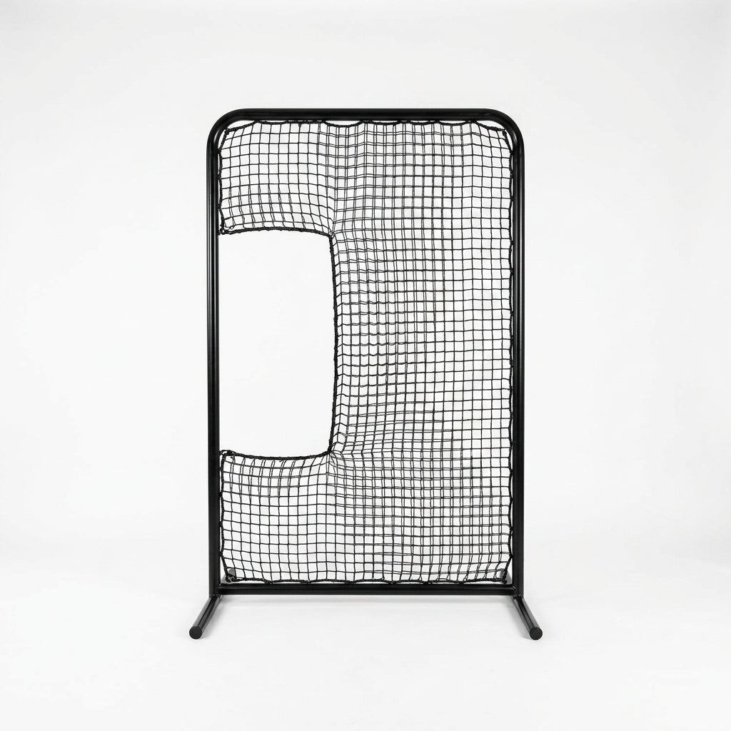 Standard C Shaped Pitching Screen Softball Baseball Screen Softball Pitcher Pitching Machine Protector with Carry Bag, 7'H X 5'W 45 Ply Netting with 3'' X 18'' Cutout 1.5'' Diameter Frame — Studio Shot