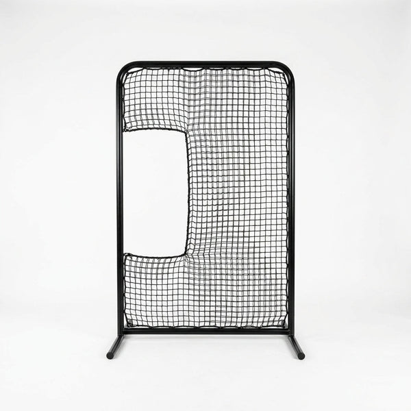 Standard C Shaped Pitching Screen Softball Baseball Screen Softball Pitcher Pitching Machine Protector with Carry Bag, 7'H X 5'W 45 Ply Netting with 3'' X 18'' Cutout 1.5'' Diameter Frame — Studio Shot