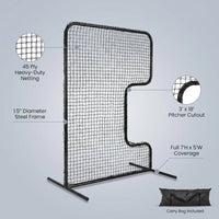 Standard C Shaped Pitching Screen Softball Baseball Screen Softball Pitcher Pitching Machine Protector with Carry Bag, 7'H X 5'W 45 Ply Netting with 3'' X 18'' Cutout 1.5'' Diameter Frame — infographic