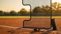 Standard C Shaped Pitching Screen Softball Baseball Screen Softball Pitcher Pitching Machine Protector with Carry Bag, 7'H X 5'W 45 Ply Netting with 3'' X 18'' Cutout 1.5'' Diameter Frame — Lifestyle