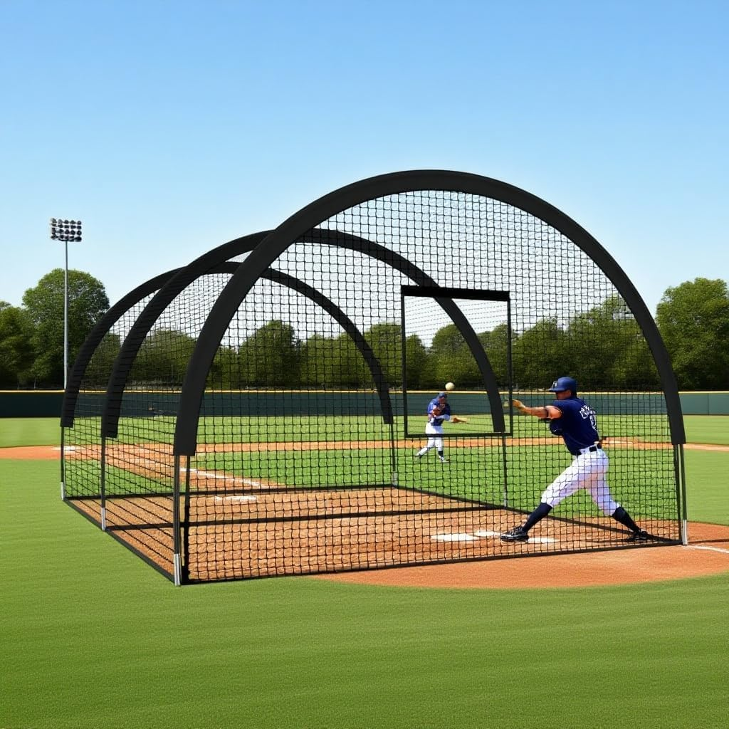 32 X 12 X 8 Ft Baseball Batting Cage, Large Baseball Training Equipment for Backyard, Portable Softball Netting Cages with Frame, Pitching Machine Hole & Detachable Door –For Hitting Pitching Practice