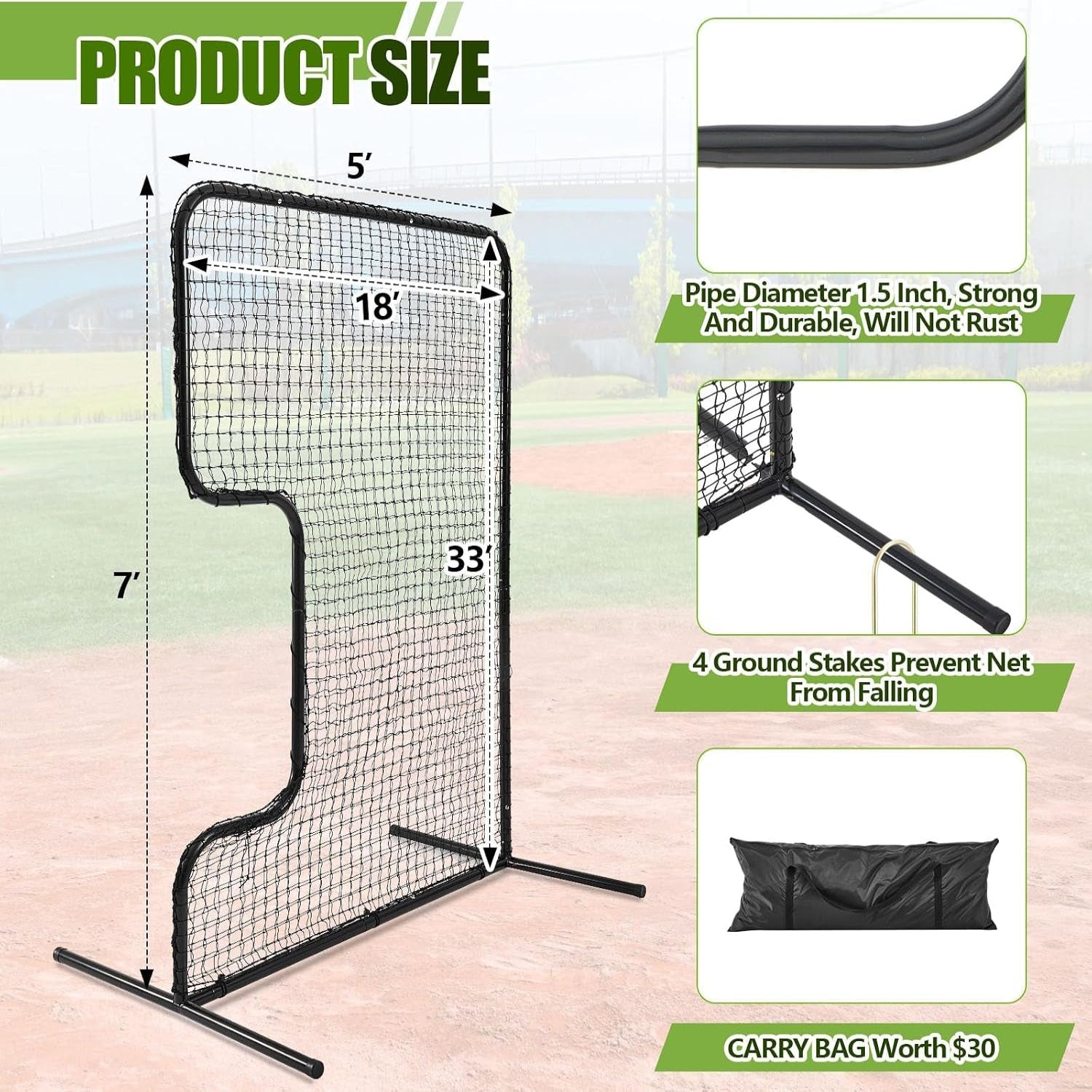 Standard C Shaped Pitching Screen Softball Baseball Screen Softball Pitcher Pitching Machine Protector with Carry Bag, 7'H X 5'W 45 Ply Netting with 3'' X 18'' Cutout 1.5'' Diameter Frame