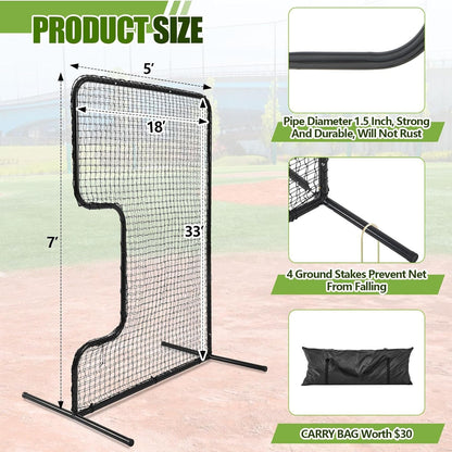 Standard C Shaped Pitching Screen Softball Baseball Screen Softball Pitcher Pitching Machine Protector with Carry Bag, 7'H X 5'W 45 Ply Netting with 3'' X 18'' Cutout 1.5'' Diameter Frame