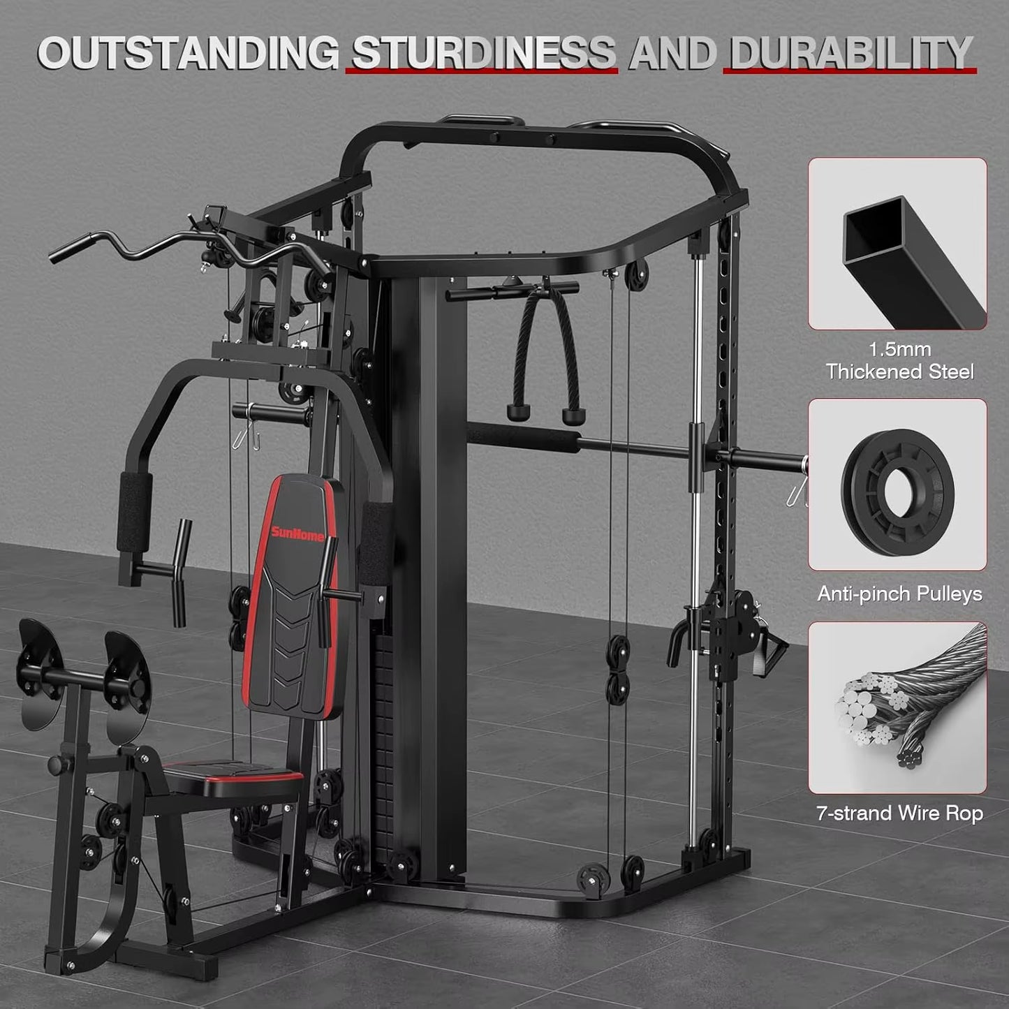 Home Gym Smith Machine with 138LB Weight Stack, Leg Press & LAT Station for Full Body Workouts