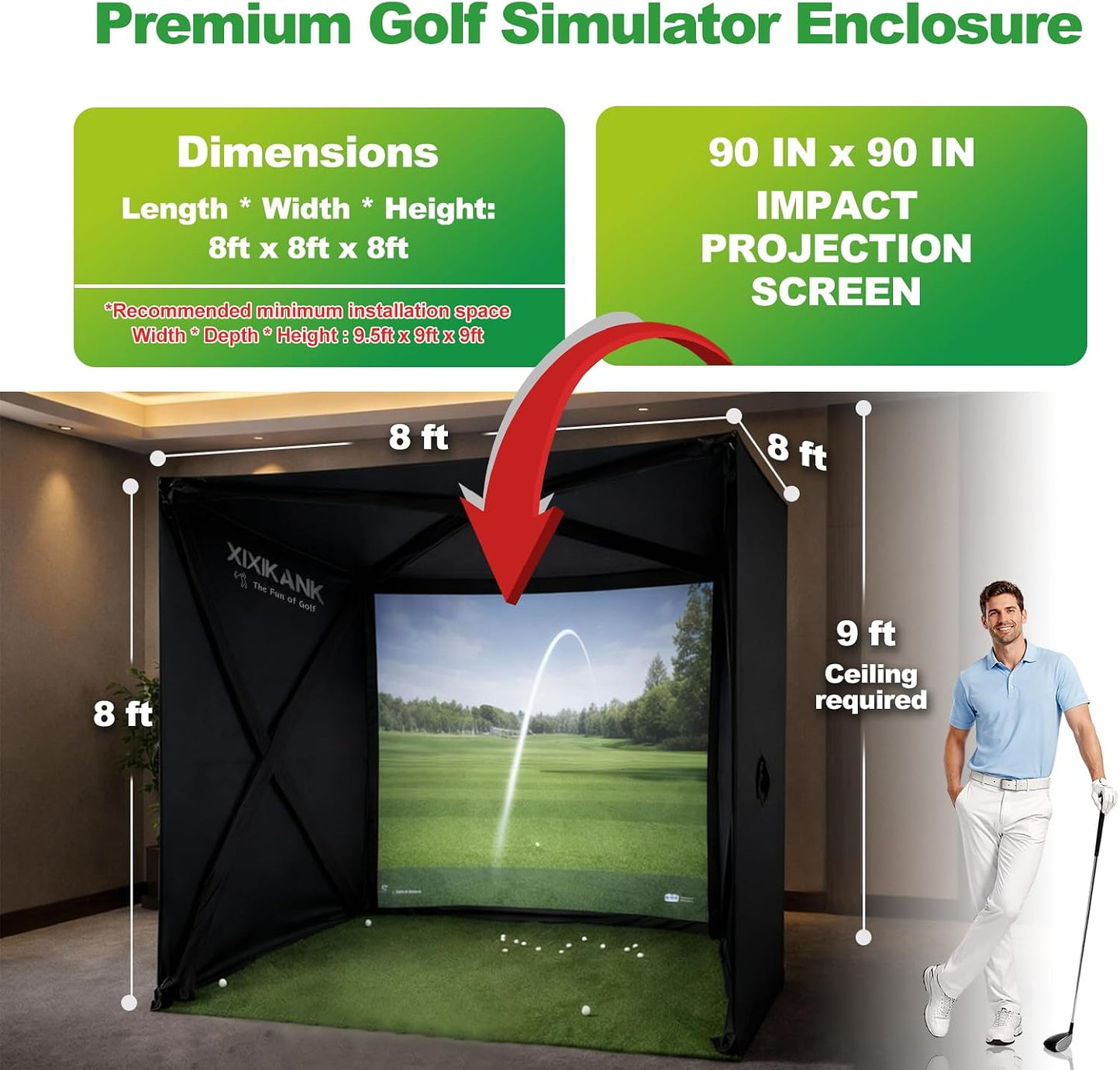 Golf Simulator Enclosure for Home Instant Quick and Easy Tool-Free Setup in 5 Mins Golf Hittig Cage - Complete Set with Heavy Duty Frame,Hd Impact Screen and Putting Green Turf (8X8 Ft)