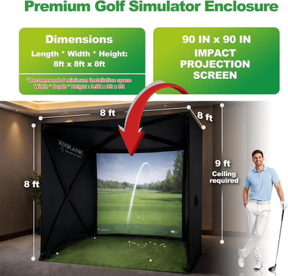 Golf Simulator Enclosure for Home Instant Quick and Easy Tool-Free Setup in 5 Mins Golf Hittig Cage - Complete Set with Heavy Duty Frame,Hd Impact Screen and Putting Green Turf (8X8 Ft)