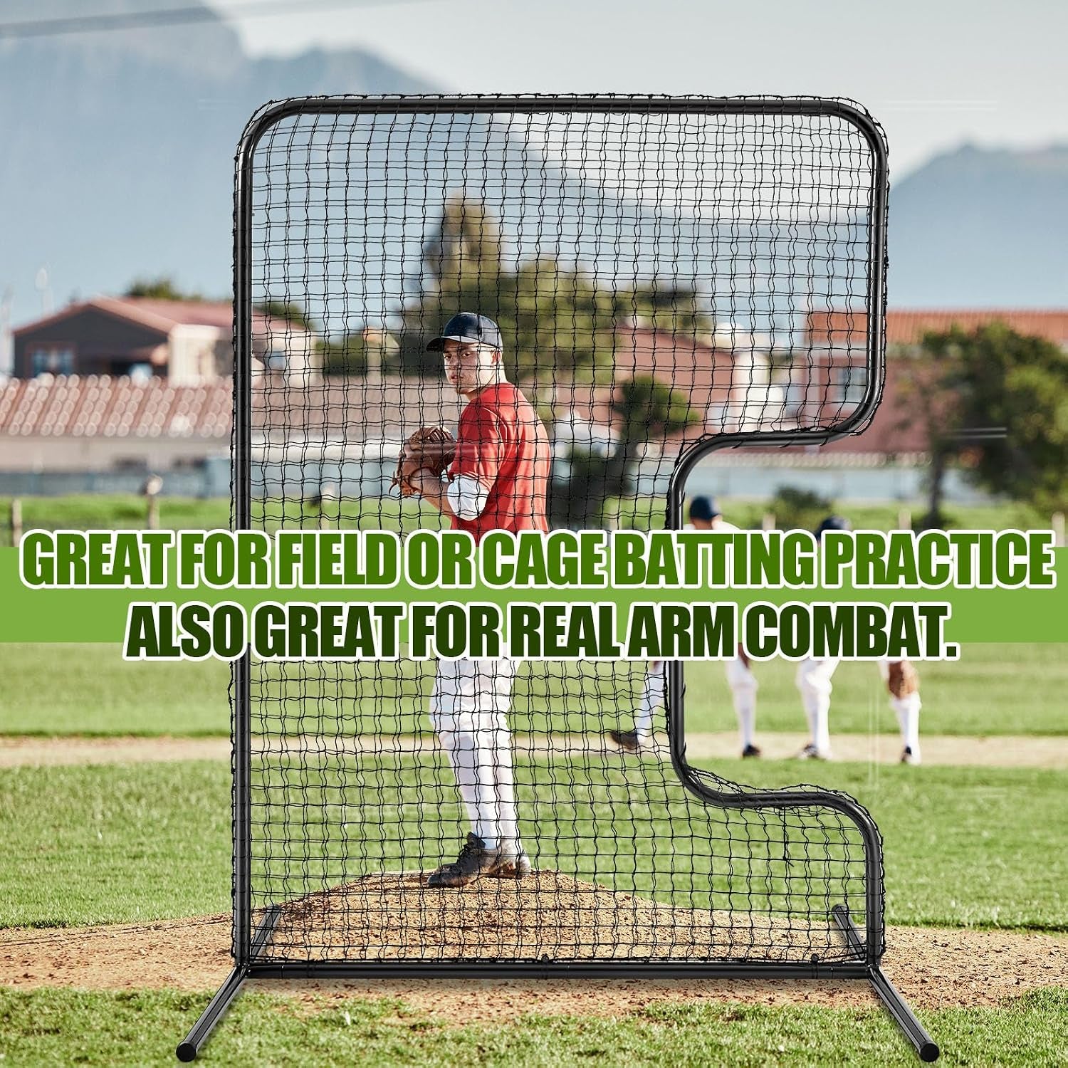 Standard C Shaped Pitching Screen Softball Baseball Screen Softball Pitcher Pitching Machine Protector with Carry Bag, 7'H X 5'W 45 Ply Netting with 3'' X 18'' Cutout 1.5'' Diameter Frame