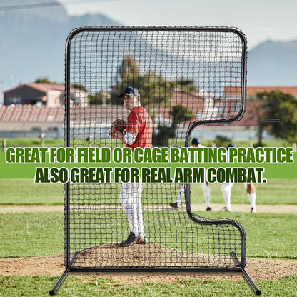 Standard C Shaped Pitching Screen Softball Baseball Screen Softball Pitcher Pitching Machine Protector with Carry Bag, 7'H X 5'W 45 Ply Netting with 3'' X 18'' Cutout 1.5'' Diameter Frame