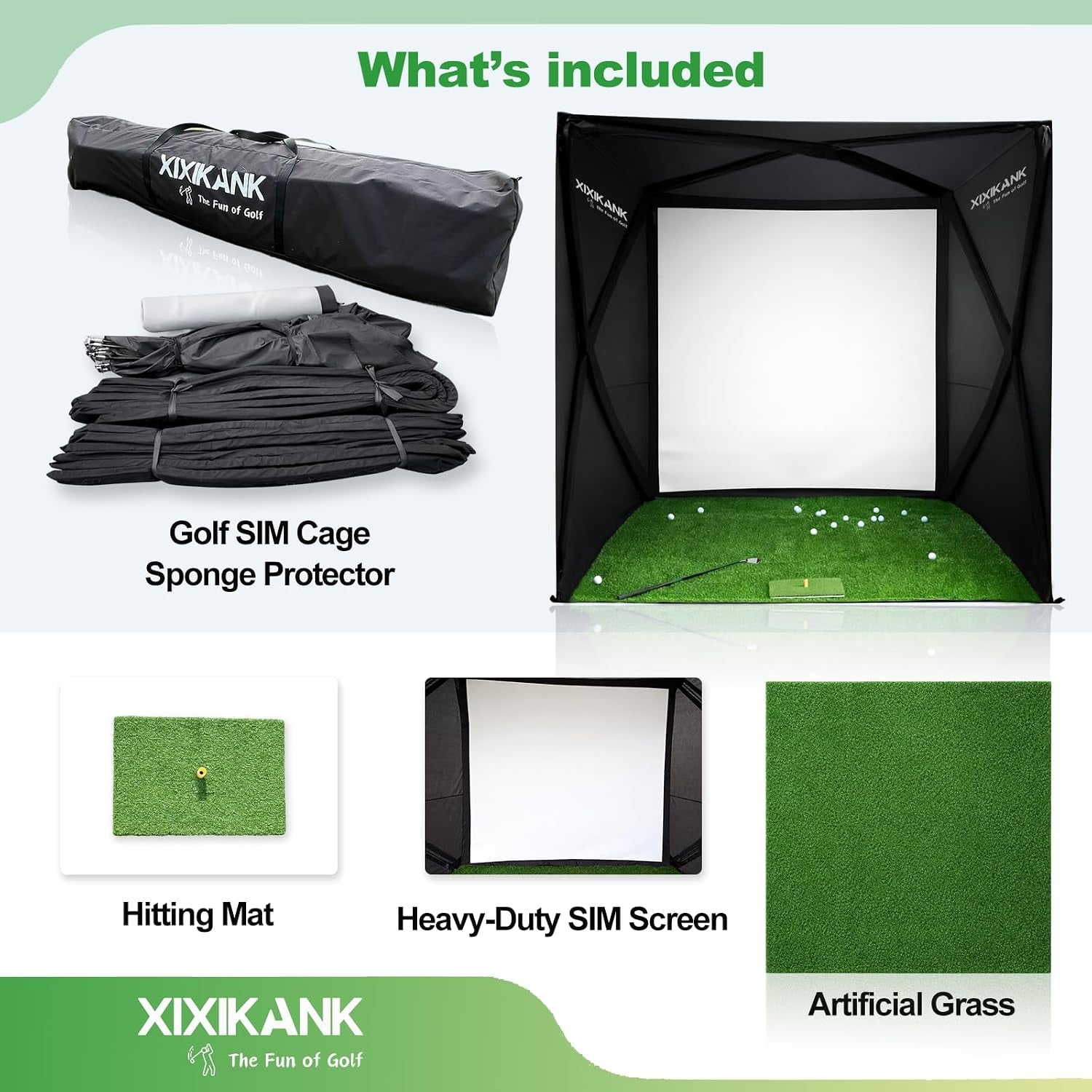 Golf Simulator Enclosure for Home Instant Quick and Easy Tool-Free Setup in 5 Mins Golf Hittig Cage - Complete Set with Heavy Duty Frame,Hd Impact Screen and Putting Green Turf (8X8 Ft)