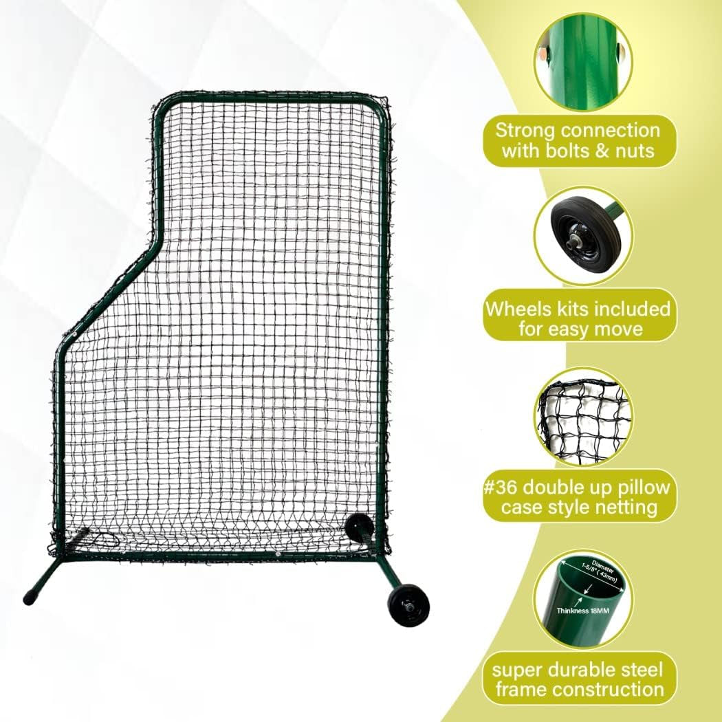 Baseball L Screen Portable 7 Ft H X 5 Ft W #36 Nylon Double Net Body Protector Batting Cage Safety Screen for Line Drive Super Heavy Duty Steel Frame Construction